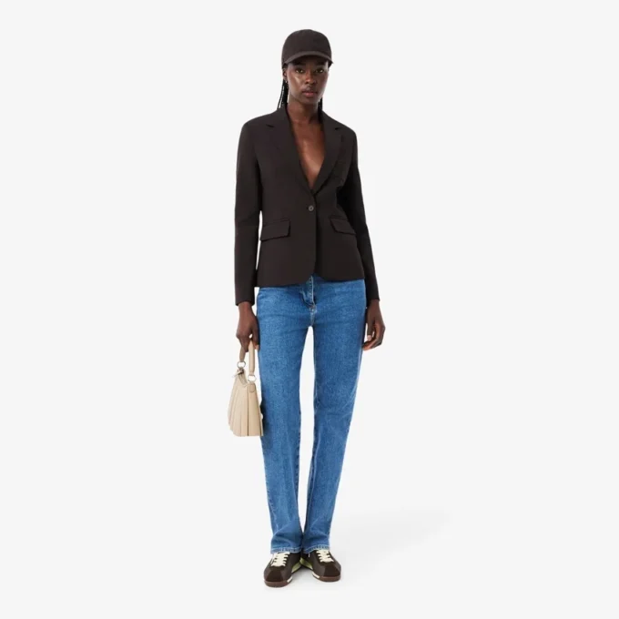Damen-Blazer aus Wolle mit gesticktem Logo und schmaler Passform Damen-Blazer aus Wolle mit gesticktem Logo und schmaler Passform