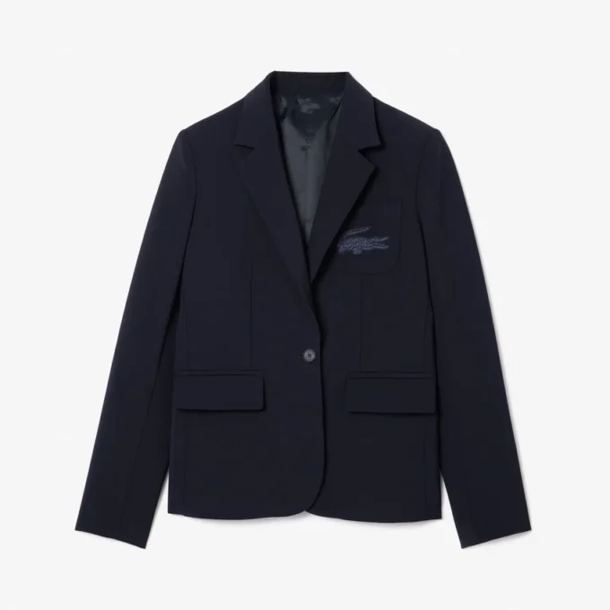 Damen-Blazer aus Wolle mit gesticktem Logo und schmaler Passform Damen-Blazer aus Wolle mit gesticktem Logo und schmaler Passform