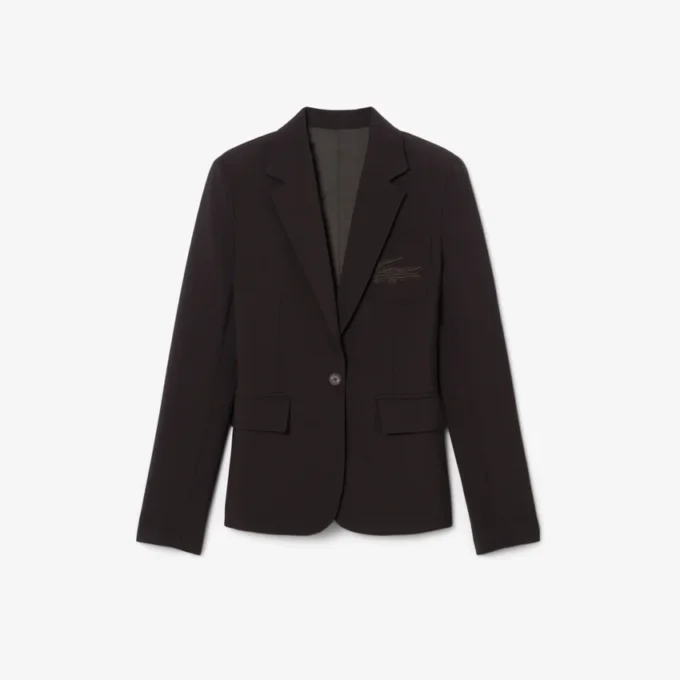 Damen-Blazer aus Wolle mit gesticktem Logo und schmaler Passform Damen-Blazer aus Wolle mit gesticktem Logo und schmaler Passform