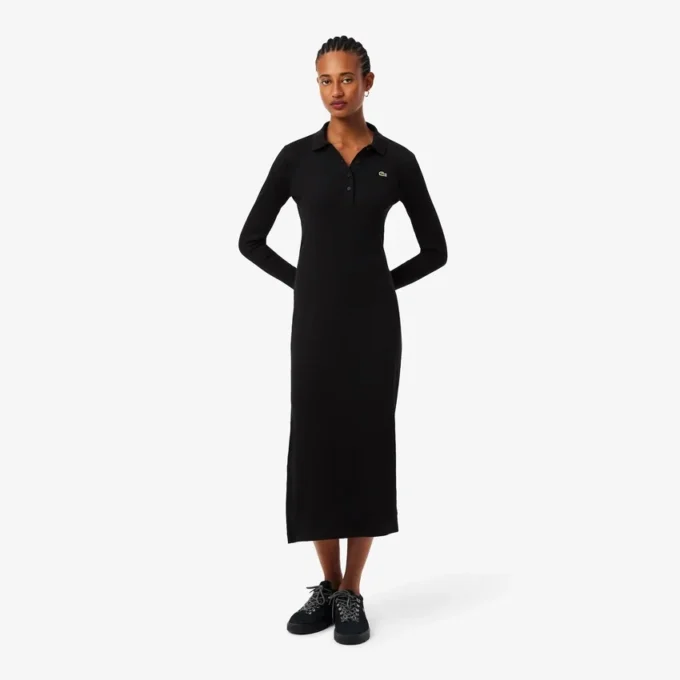 Damen-Kleid aus gerippter Baumwolle mit Polo-Kragen in Slim-Fit-Passform Damen-Kleid aus gerippter Baumwolle mit Polo-Kragen in Slim-Fit-Passform