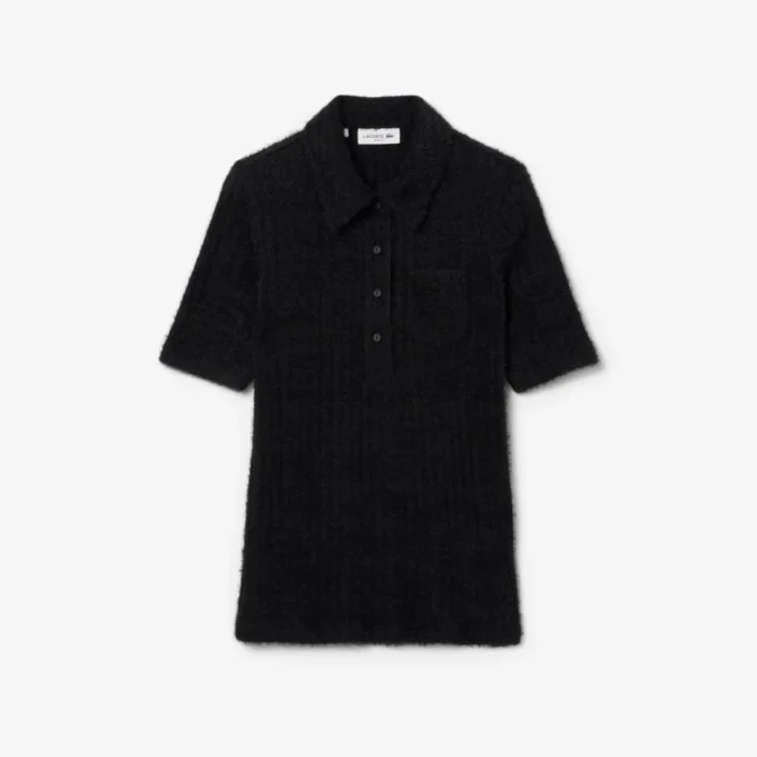 Damen-Poloshirt mit schmaler Passform aus flauschigem Rippstrick Damen-Poloshirt mit schmaler Passform aus flauschigem Rippstrick