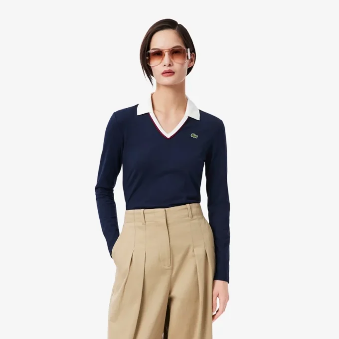 Damen-Poloshirt mit Slim-Fit-Passform und Zierdetails, langärmelig Damen-Poloshirt mit Slim-Fit-Passform und Zierdetails, langärmelig