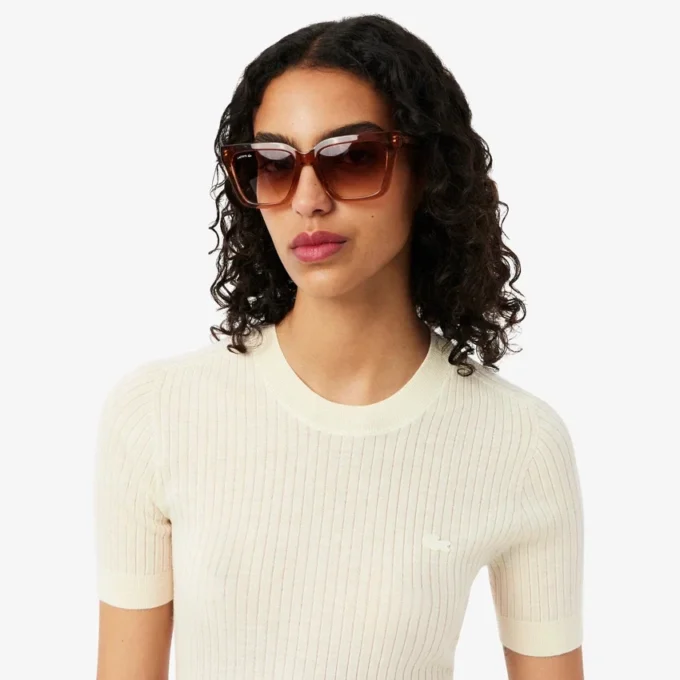 Damen-Pullover aus Merinowolle mit geripptem Strick und kurzen Ärmeln Damen-Pullover aus Merinowolle mit geripptem Strick und kurzen Ärmeln