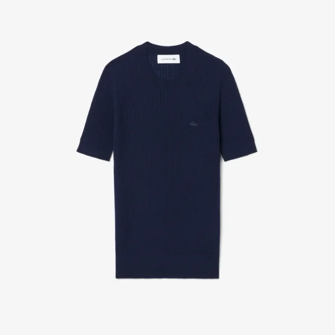 Damen-Pullover aus Merinowolle mit geripptem Strick und kurzen Ärmeln Damen-Pullover aus Merinowolle mit geripptem Strick und kurzen Ärmeln