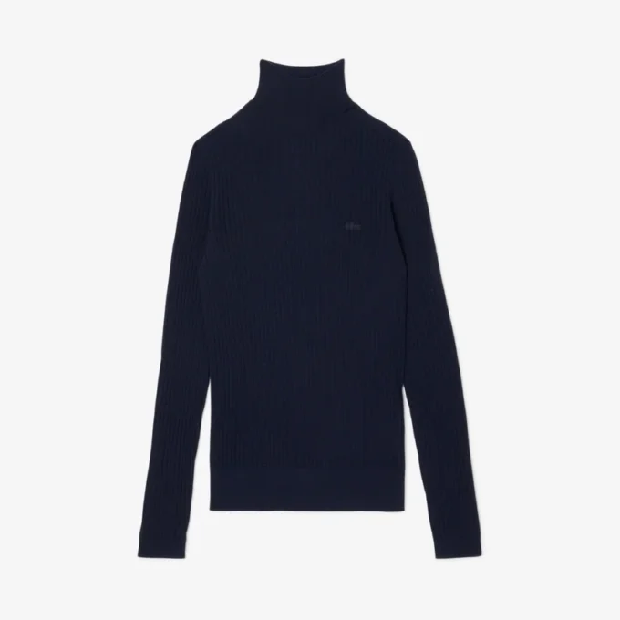 Damen-Pullover aus Merinowolle mit hohem Kragen und Rippstrick Damen-Pullover aus Merinowolle mit hohem Kragen und Rippstrick