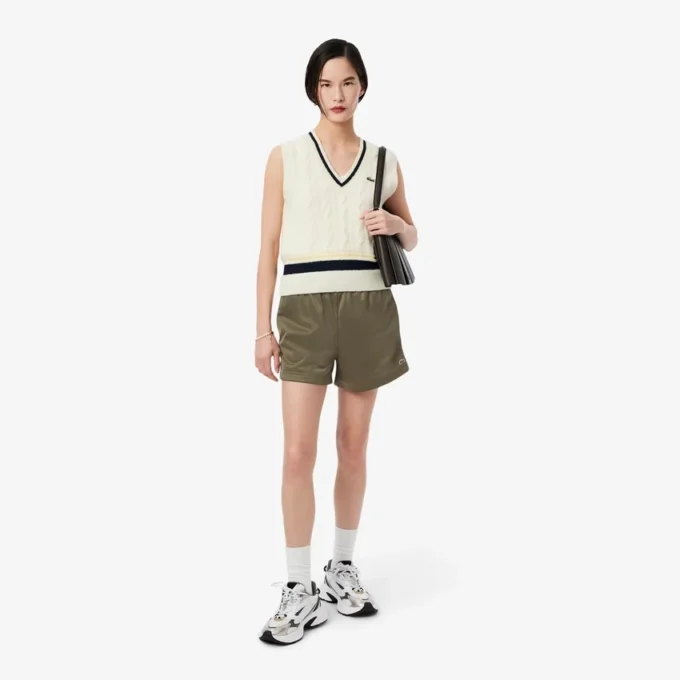 Damen-Shorts aus Satin-Jersey mit Pointelle-Streifen Damen-Shorts aus Satin-Jersey mit Pointelle-Streifen