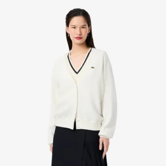 Damen-Strickjacke aus Baumwolle mit V-Ausschnitt und Moosmaschenmuster