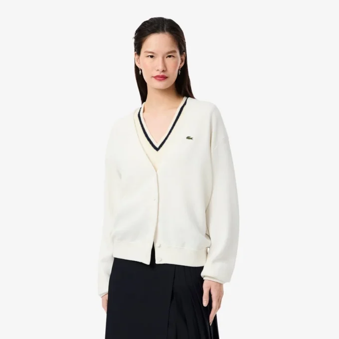 Damen-Strickjacke aus Baumwolle mit V-Ausschnitt und Moosmaschenmuster Damen-Strickjacke aus Baumwolle mit V-Ausschnitt und Moosmaschenmuster