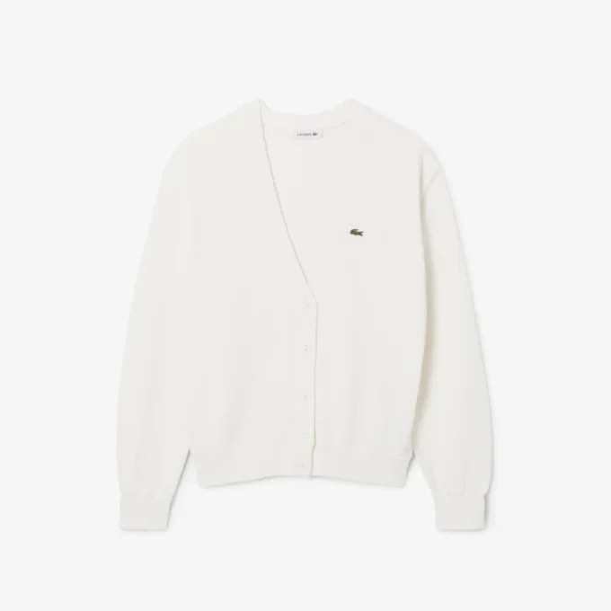 Damen-Strickjacke aus Baumwolle mit V-Ausschnitt und Moosmaschenmuster Damen-Strickjacke aus Baumwolle mit V-Ausschnitt und Moosmaschenmuster