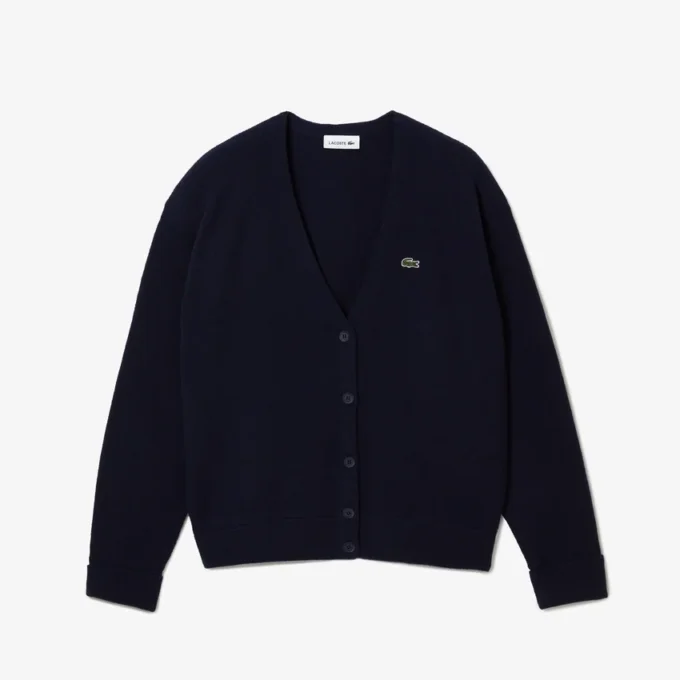 Damen-Strickjacke aus Wolle mit V-Ausschnitt und lockerer Passform Damen-Strickjacke aus Wolle mit V-Ausschnitt und lockerer Passform