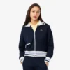 Damen-Sweatshirt mit Reißverschluss und Streifenakzenten Damen-Sweatshirt mit Reißverschluss und Streifenakzenten