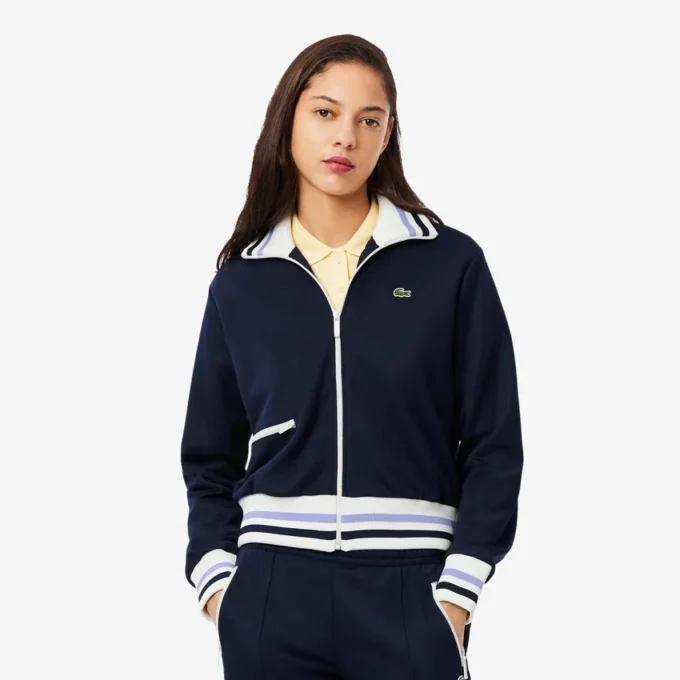 Damen-Sweatshirt mit Reißverschluss und Streifenakzenten Damen-Sweatshirt mit Reißverschluss und Streifenakzenten