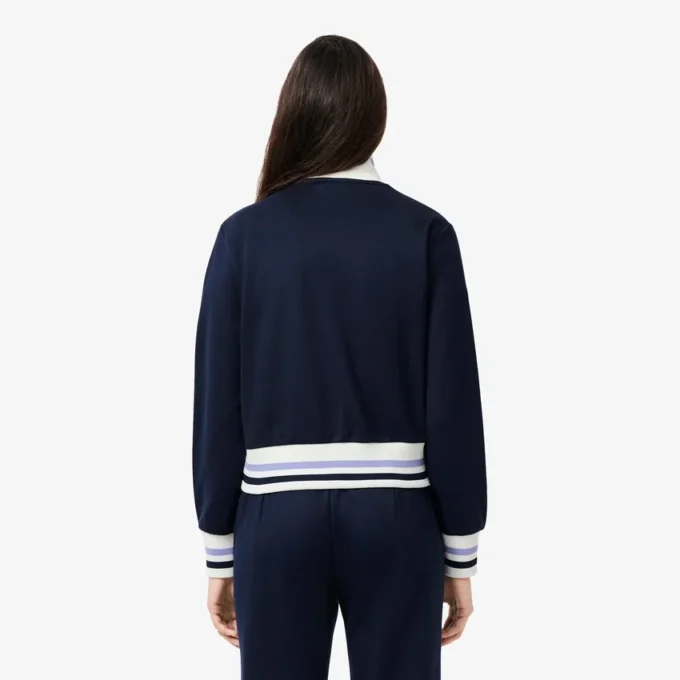 Damen-Sweatshirt mit Reißverschluss und Streifenakzenten Damen-Sweatshirt mit Reißverschluss und Streifenakzenten