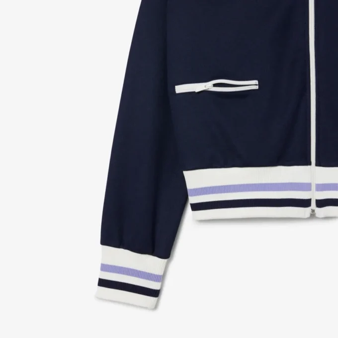 Damen-Sweatshirt mit Reißverschluss und Streifenakzenten Damen-Sweatshirt mit Reißverschluss und Streifenakzenten