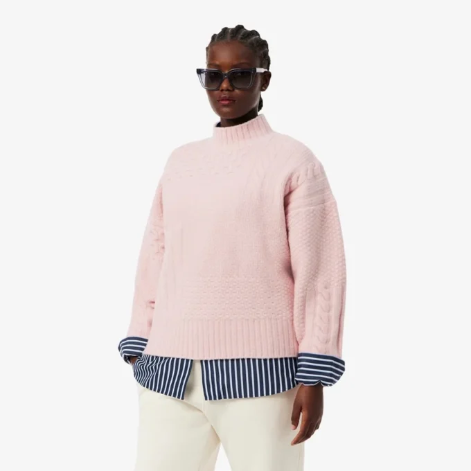 Damen-Wollpullover mit Patchwork-Effekt und hohem Kragen Damen-Wollpullover mit Patchwork-Effekt und hohem Kragen