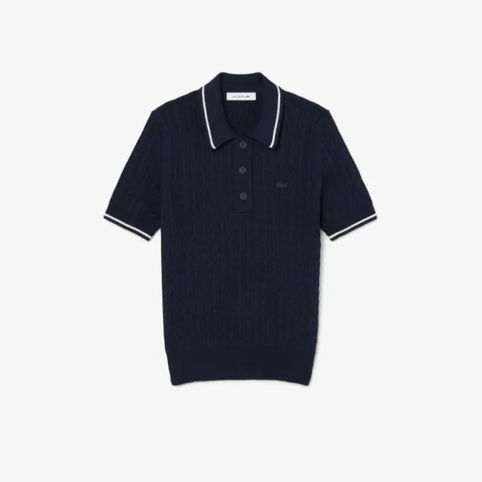 Gestreifter Pullover mit Zopfmuster und Poloshirt-Kragen Gestreifter Pullover mit Zopfmuster und Poloshirt-Kragen