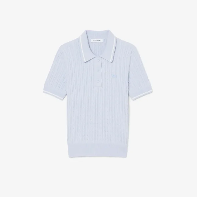 Gestreifter Pullover mit Zopfmuster und Poloshirt-Kragen Gestreifter Pullover mit Zopfmuster und Poloshirt-Kragen