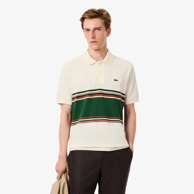 Herren-Poloshirt mit Streifen in klassischer Passform, hergestellt in Frankreich Herren-Poloshirt mit Streifen in klassischer Passform, hergestellt in Frankreich