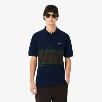 Herren-Poloshirt mit Streifen in klassischer Passform, hergestellt in Frankreich Herren-Poloshirt mit Streifen in klassischer Passform, hergestellt in Frankreich
