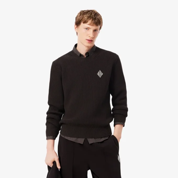 Pullover mit Perlen-Rippenstrick und Emblem Pullover mit Perlen-Rippenstrick und Emblem