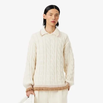 Runway-Pullover aus Wolle mit Poloshirt-Kragen und Zopfmuster