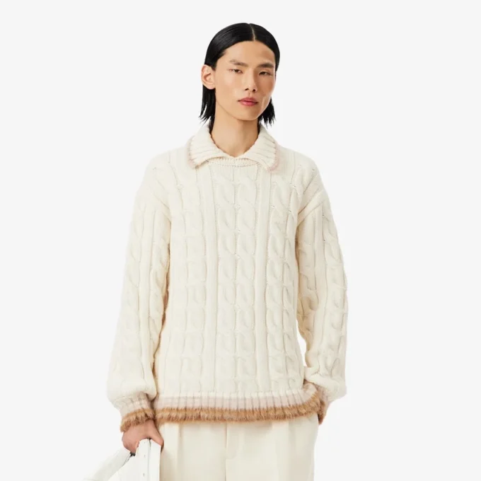 Runway-Pullover aus Wolle mit Poloshirt-Kragen und Zopfmuster