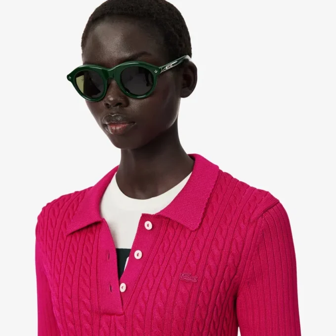 Runway-Pullover mit Zopfmuster und Poloshirt-Kragen Runway-Pullover mit Zopfmuster und Poloshirt-Kragen