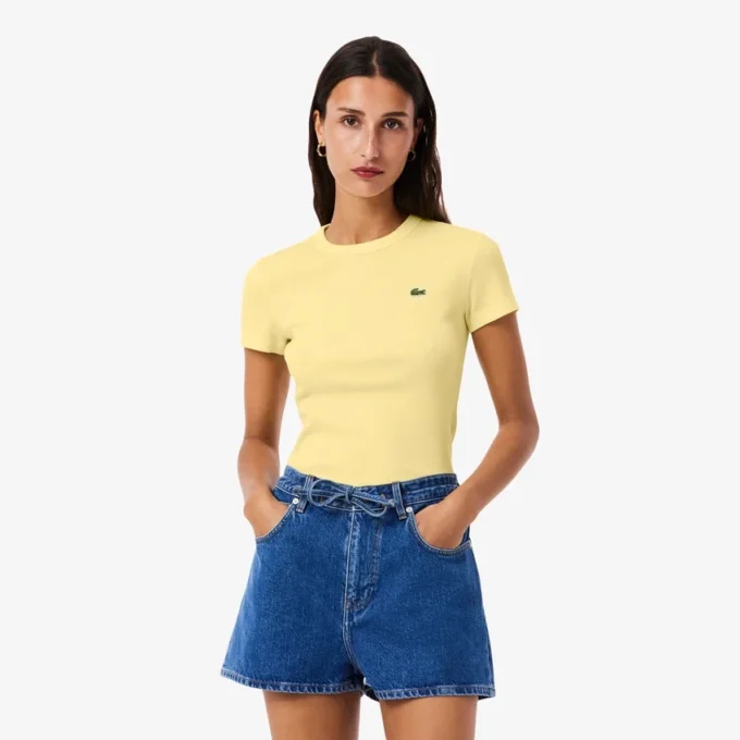 Slim-Fit-T-Shirt aus geripptem Baumwollstoff für Damen Slim-Fit-T-Shirt aus geripptem Baumwollstoff für Damen