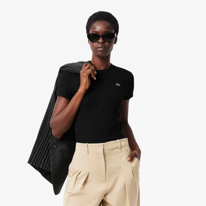 Slim-Fit-T-Shirt aus geripptem Baumwollstoff für Damen Slim-Fit-T-Shirt aus geripptem Baumwollstoff für Damen