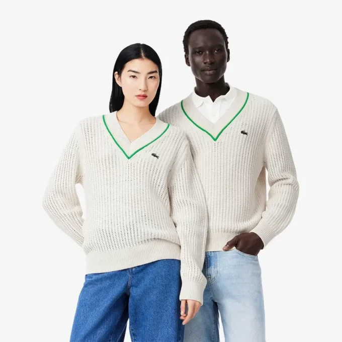 Unisex-Tennispullover mit V-Ausschnitt und Streifenmuster Unisex-Tennispullover mit V-Ausschnitt und Streifenmuster
