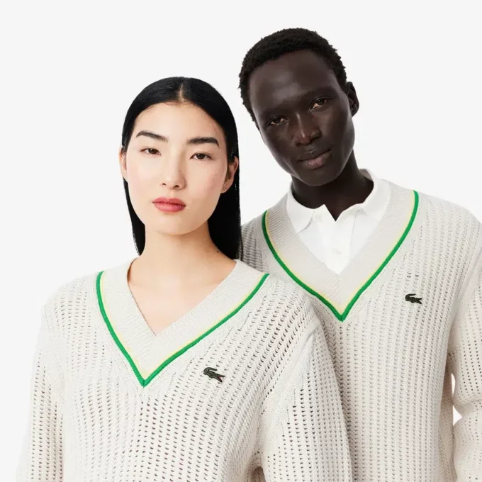 Unisex-Tennispullover mit V-Ausschnitt und Streifenmuster Unisex-Tennispullover mit V-Ausschnitt und Streifenmuster