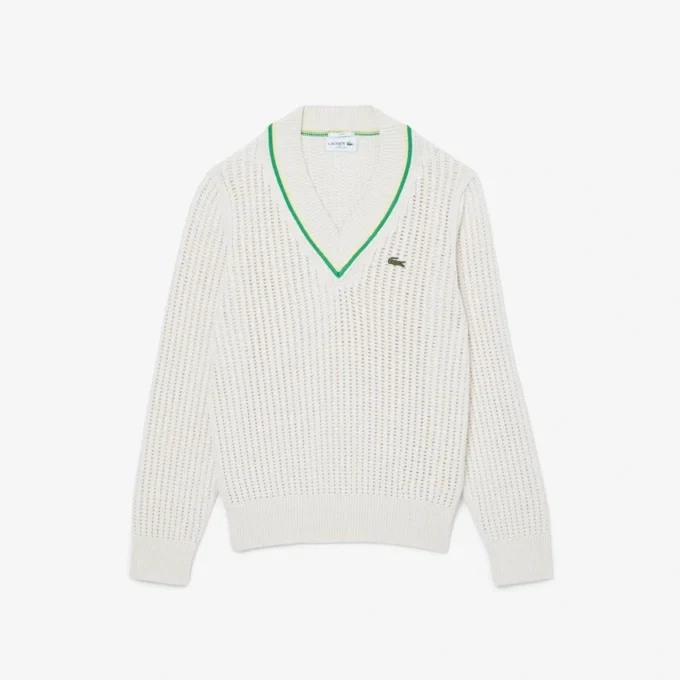 Unisex-Tennispullover mit V-Ausschnitt und Streifenmuster Unisex-Tennispullover mit V-Ausschnitt und Streifenmuster