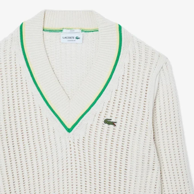 Unisex-Tennispullover mit V-Ausschnitt und Streifenmuster Unisex-Tennispullover mit V-Ausschnitt und Streifenmuster